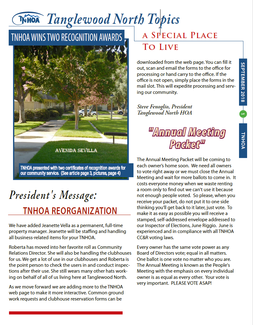 Read more about the article Tanglewood North Topics – September 2018