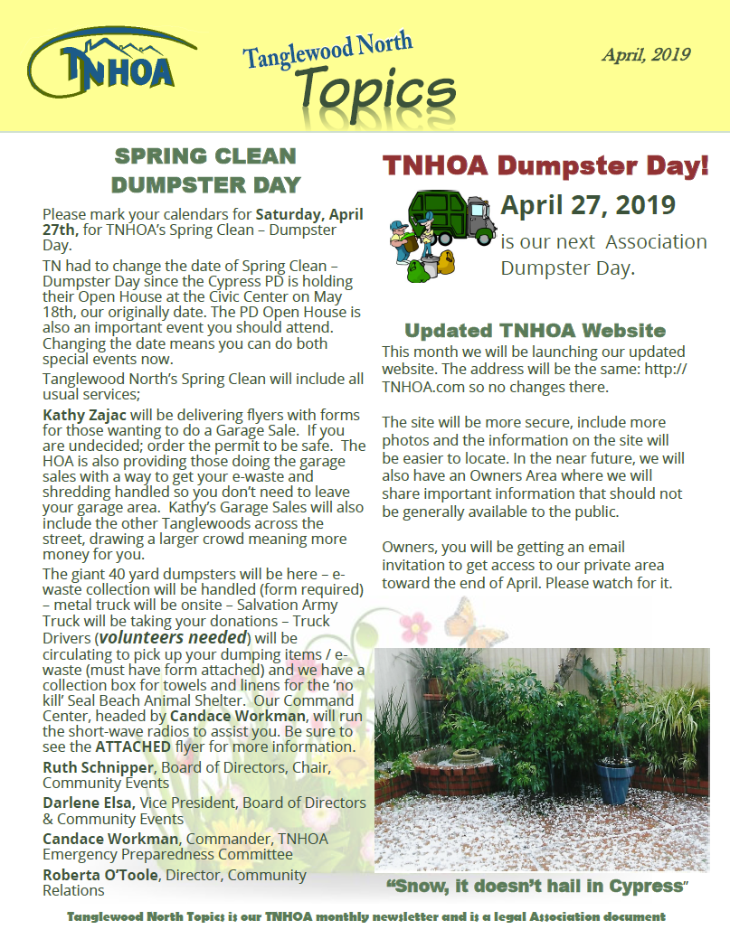 Read more about the article Tanglewood North Topics – April 2019