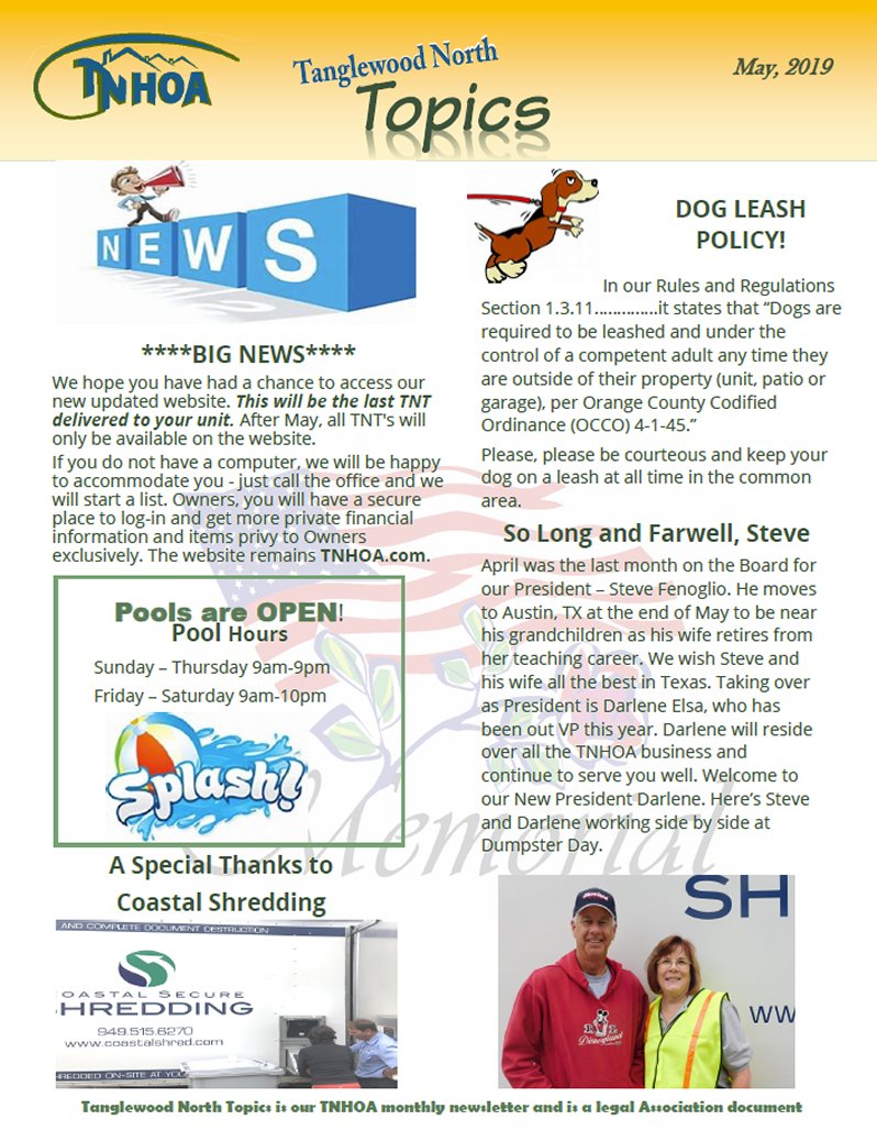 Read more about the article Tanglewood North Topics – May 2019