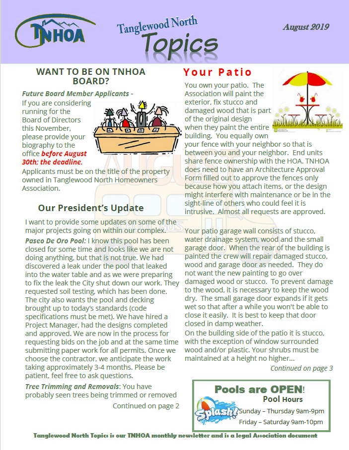 Read more about the article Tanglewood North Topics – August 2019